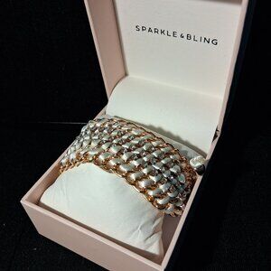 Bracelet - Sparkle & Bling - Rose Gold Tone Chain - Interwoven White Cording